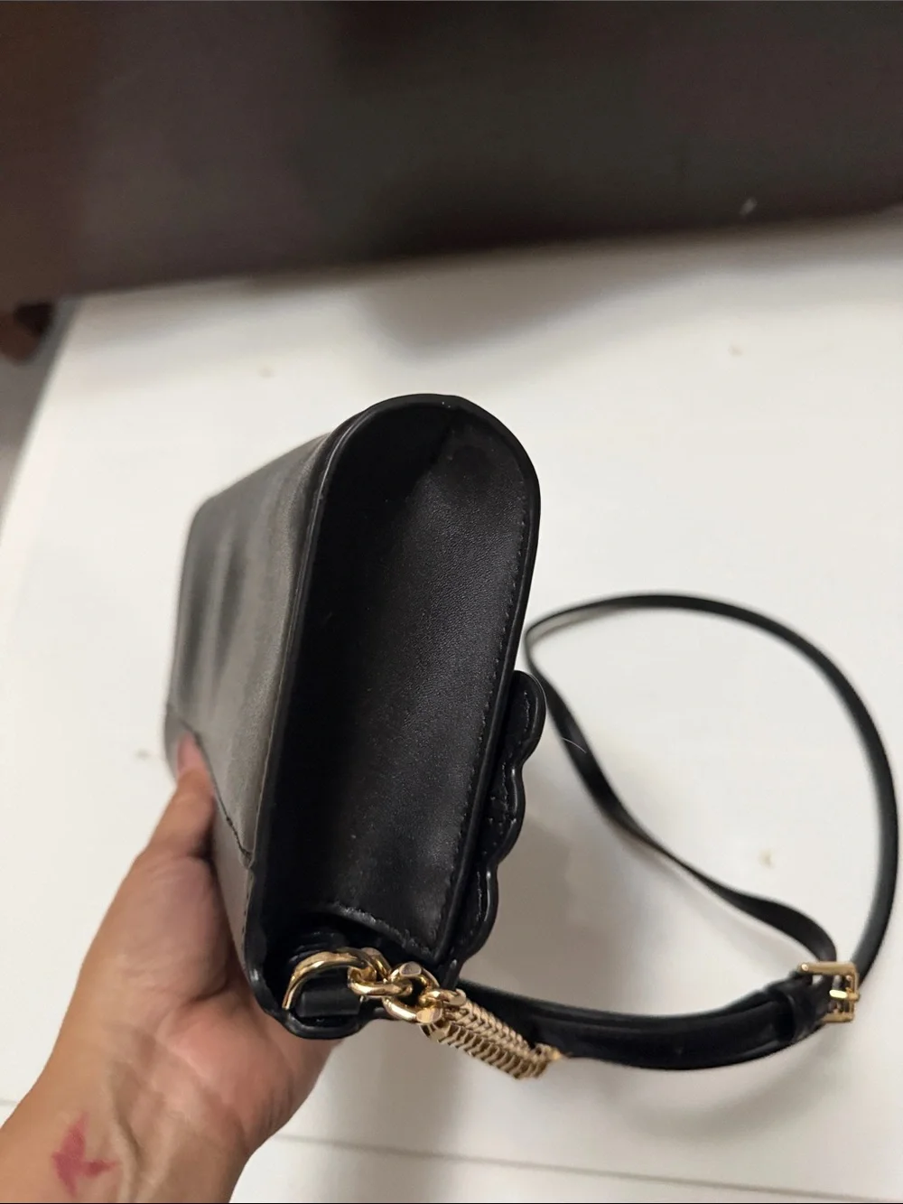 Michael Kors Black Leather Scallop-Flap Crossbody with Gold Hardware